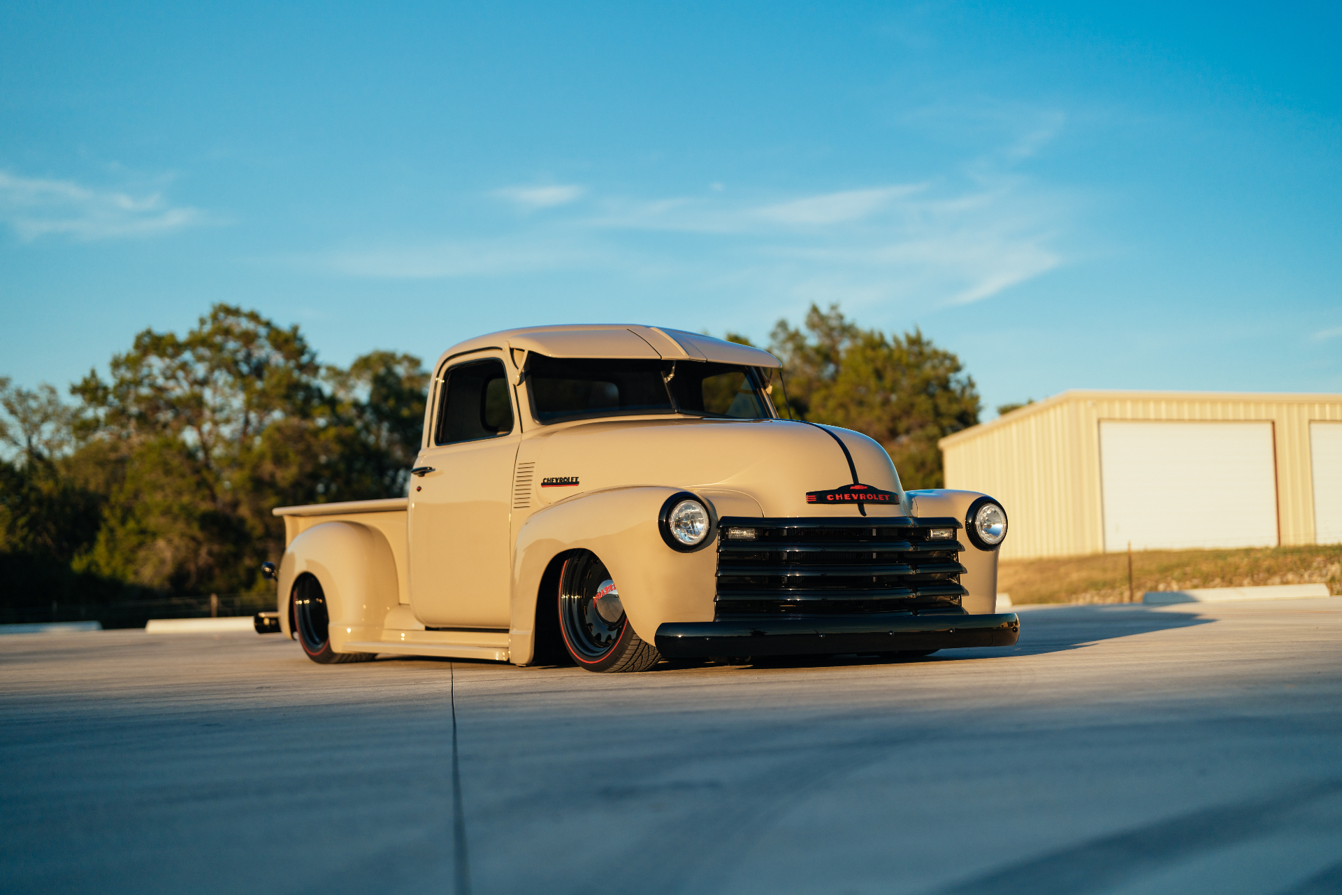 Mike Tabb's 1950 Chevrolet 3100 front three-quarter in the shop